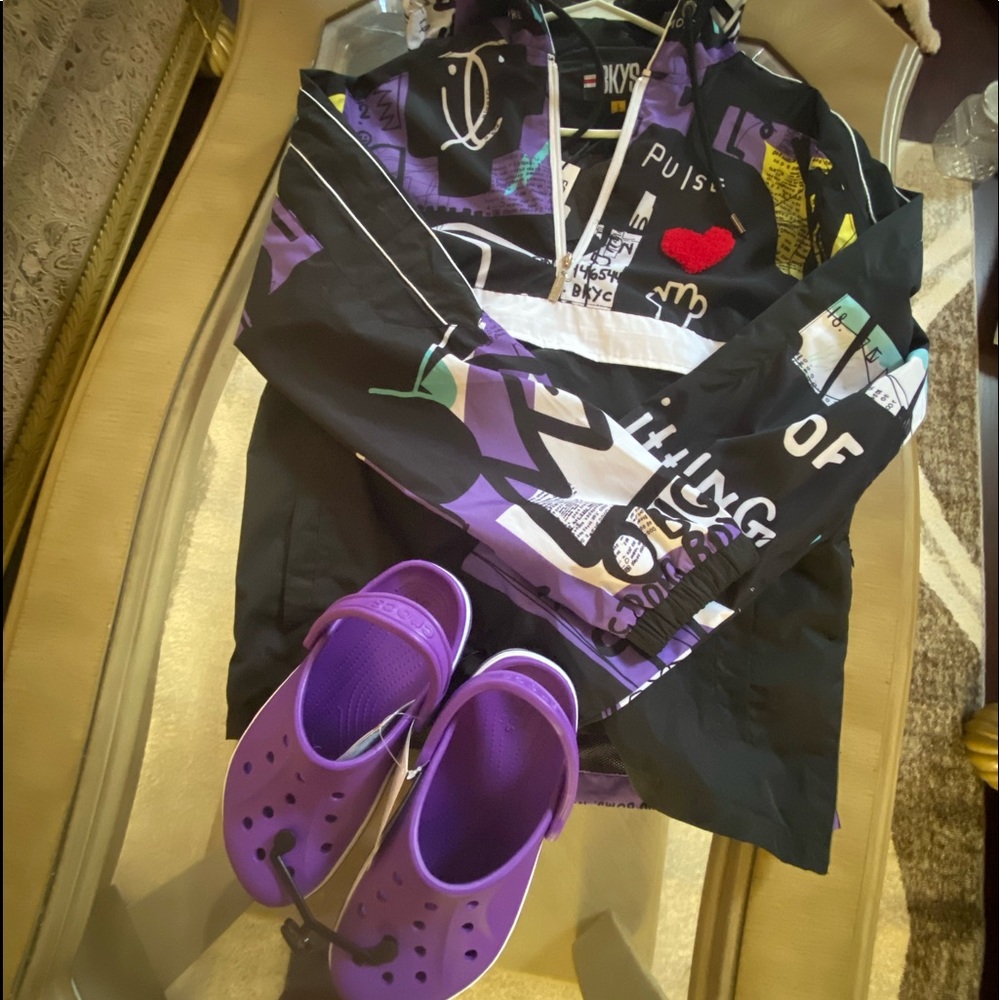 Purple hooded jacket &  purple crocs ..